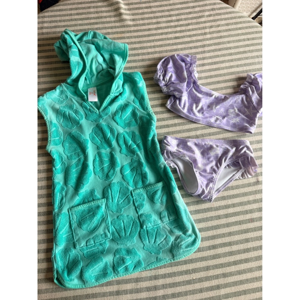 Cat & Jack Teal Shell Cover-Up & Wonder Nation Lavender Bikini Set 4T 4/5